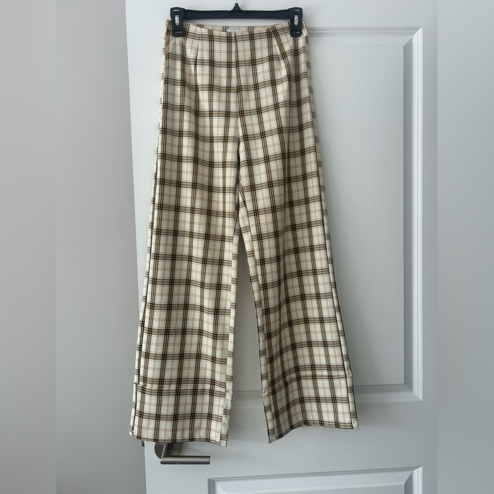Princess Polly Cream and Brown Plaid Trousers